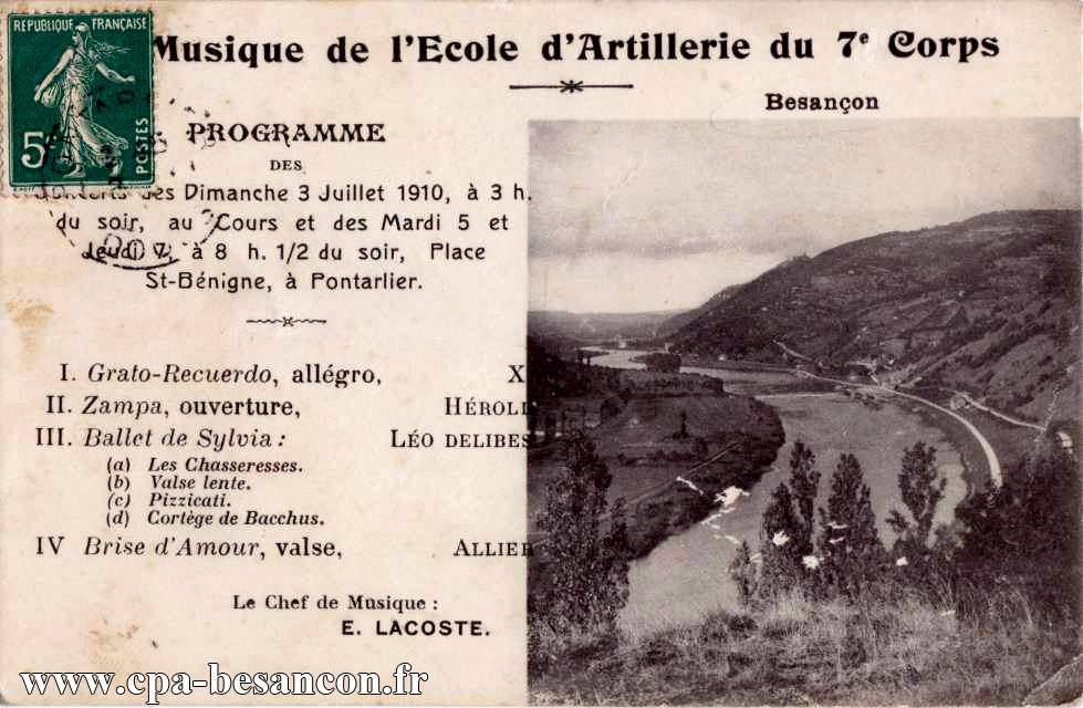 Musique de l'Ecole d'Artillerie du 7e Corps - Besançon - Le Doubs à la Malate. - Programme des Concerts des Dimanche 3 Juillet 1910